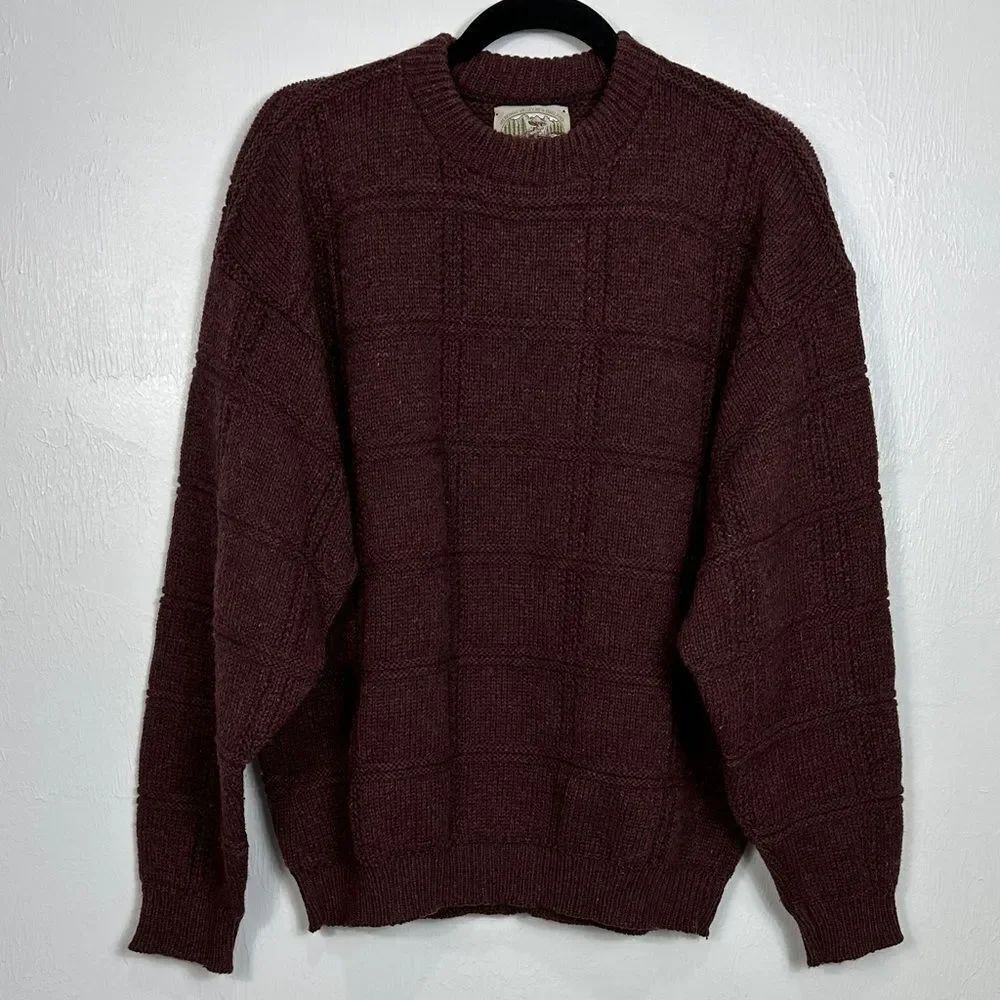 Alps Vintage Men's Textured Knit Windowpane Burgundy Sweater Size L